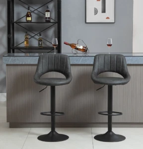 Pair of Vintage Leather High Quality Adjustable Bar Stools with Footrest- Grey - Picture 1 of 10