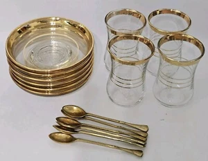 Vintage Mid-Century PASABAHCE Glass/Gold TURKISH TEA SET Glasses/Saucers/Spoons - Picture 1 of 6