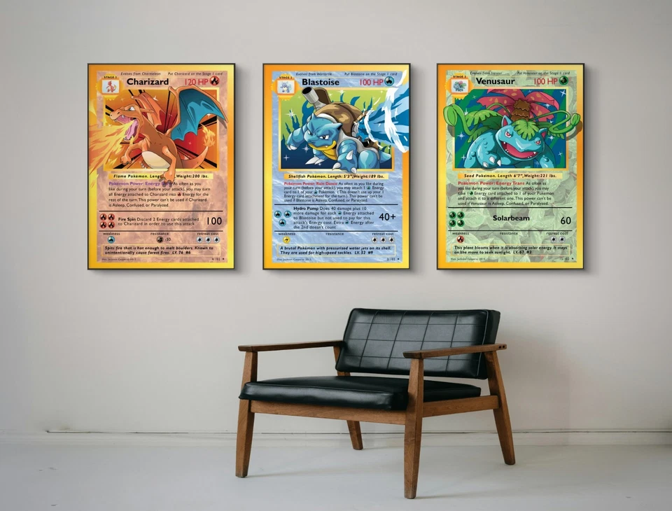 Juego de 3 Starter Pokemon TCG pieza de arte lienzo pared decoración del hogar galería de retratos Foto 1 de 4