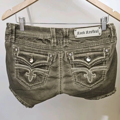 Rock Revival 女式 29 码短裤橄榄绿色卡其色镶嵌水钻玛丽亚 — 第 1/4 张图片