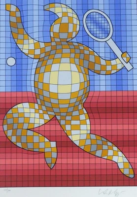VICTOR VASARELY serigrafia de jogador de tênis assinada à mão op art - Imagem 1 de 4