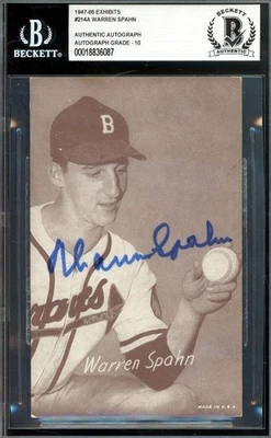 Warren Spahn Gem Mint 10 Beckett BAS Signed 1947-66 Exhibit Postcard Rookie - Image 1 of 2
