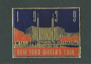 1939 NY WORLDS FAIR GOLD RED & BLUE EMBOSSED FOIL LABEL 2.75 X 2 W/GUM MINT - Picture 1 of 1