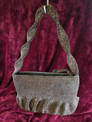 Vintage Beaded Clutch/Purse Coppery-Brown Grey Satin Lining Zipper Closure 9x6in - Image 1 of 4
