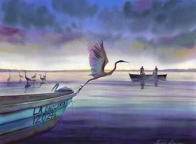 hérons et pêcheurs sur le lac  30 x 40 cm aquarelle   oeuvre originale  - Photo 1/4