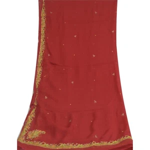 Sanskriti Vintage Dupatta Long Stole Pure Chiffon Silk Red Hand Beaded Veil - Picture 1 of 11