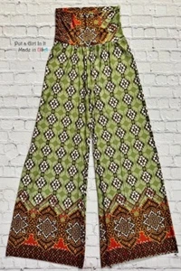 New USA Womens JUP HIGH WAISTED OLIVE MEDALLION BOHO SILKY PALAZZO PANTS S M L - Picture 1 of 3