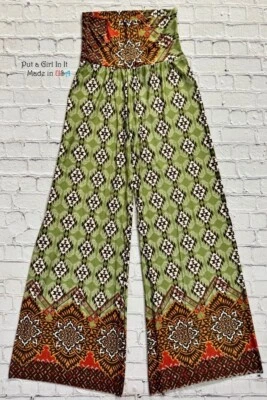 New USA Womens JUP HIGH WAISTED OLIVE MEDALLION BOHO SILKY PALAZZO PANTS S M L - Image 1 of 3
