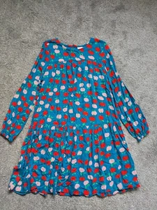 Hanna Andersson Girls Size 150 US 12 Blue Tiered Dress Red Apples Long Sleeve - Picture 1 of 5