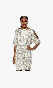Beige by Eci Pailletten Blouson Kleid 8 Elfenbein Cold Shoulder Dolman Ärmel $ 130 Neu mit Etikett - Bild 1 von 7