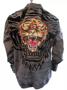 Camisa frontal Ed Hardy Christian Audigier doble gráfica gris tigre botones 2XL - Imagen 1 de 15