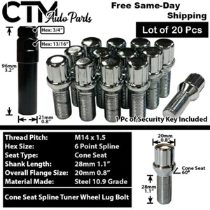 20x Chrome 14x1.5 Tuner Spline Lug Bolts 28mm Shank Fit BMW & EU Exotic Models - Picture 1 of 6