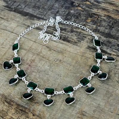 Collana In Argento Sterling 925 Fatta A Mano Con Gemma Di Tormalina Verde Unica - Immagine 1 di 4