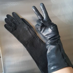 Vintage Women's Leather Forearm Gloves Black 14 Inch Long Elastic Wrist - Picture 1 of 10