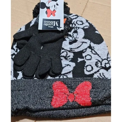 Kids Beanie Hat & Gloves Disney Minnie Mouse Collage Pom-Pom Black Grey & Red - Изображение 1 из 4