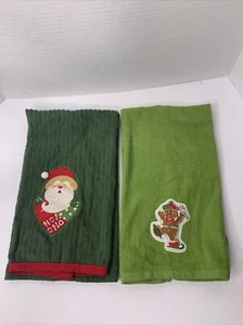 Vintage Decorative Green Hand Towels Christmas Santa And Gingerbread Man 2 Pcs - Picture 1 of 10