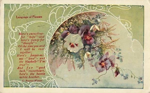 Poema Language of Flowers, Snowdrop Pansy Bluebell, postal vintage - Imagen 1 de 2