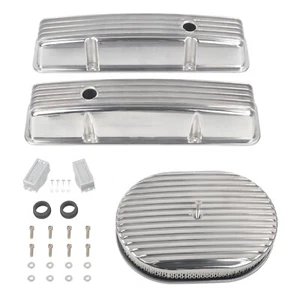 Aluminum Retro Finned Tall Valve Cover & 12" Air Cleaner For 58-86 SBC Chevy 350 - Picture 1 of 11
