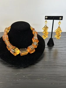 VTG 1980's Necklace & Pierced Earrings Set Orange Lucite Bead Chunky Geometric - Picture 1 of 9