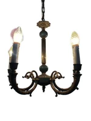 Hermosa araña Imperio Francés Tole verde latón 5 brazos Hollywood Regency  Foto 1 de 4