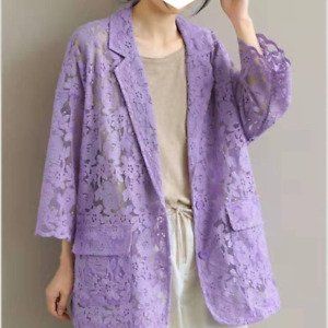 Women Blazer Coat Hollow Out Jacket Lace Floral Mesh Tops Suit Sheer Floral Tops