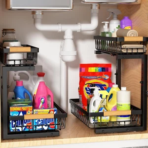 Under Sink Organizer Storage 2 Pack, 2 Tier Slide Out Height Adjustable Pull Out - Picture 1 of 9