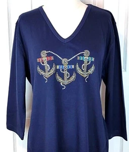 Plus 1X 2X or 3X Short or 3/4 Sleeve Rhinestone Bling Nautical Trio Anchors Top - Picture 1 of 5