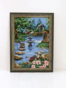 Vintage Tapestry Completed Needlepoint Garden Pond Fountain  Framed 23” X 17” - Picture 1 of 9