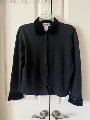 Cárdigan Suéter Chaqueta Rena Rowan Negro Mezcla Lana con Cuello y Puños Terciopelo Talla M Foto 1 de 4