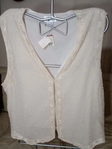 Chaleco de Seda Rafaella Crema Cuentas Sin Cuello en V Gancho Ojo Adornado Talla 2X - Imagen 1 de 13