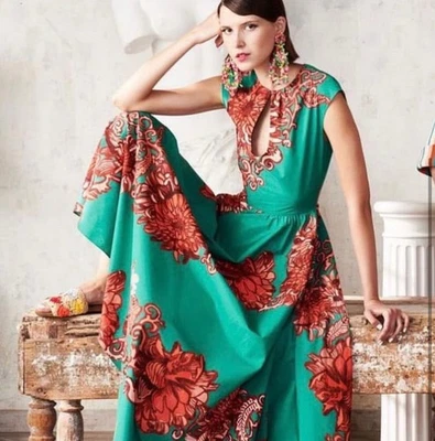 La DoubleJ Cut Out Midi Dress Small Green Red Floral Cotton Keyhole Double J - Image 1 of 4