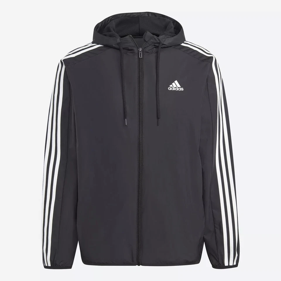 Adidas Mens Black Essentials Woven 3-Stripes Windbreaker Size 2XL IB0378