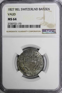 :1827 BEL 10-RAPPEN/1-BATZ SWITZERLAND KM#20 NGC MS64 LOW-POP R-9 HIGH GRADES - Picture 1 of 2
