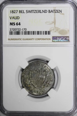 :1827 BEL 10-RAPPEN/1-BATZ SWITZERLAND KM#20 NGC MS64 LOW-POP R-9 HIGH GRADES   - Image 1 of 2