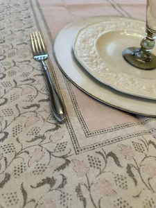 VTG Pink Art Nouveau Linen Tablecloth 49”x 66” Cottage Grannycore Floral Print - Picture 1 of 24