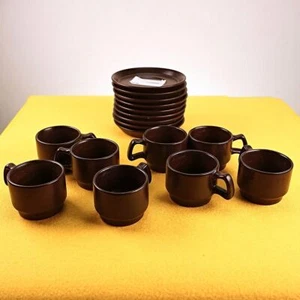 set of 9 saucers and 8 cups ceramic coffee sandstone 60s, free wells - Picture 1 of 7