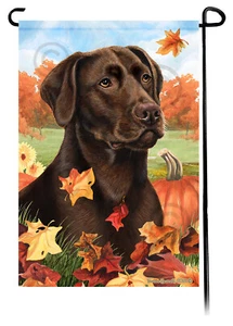 Falling Leaves Garden Flag - American Chocolate Labrador Retriever - Picture 1 of 1