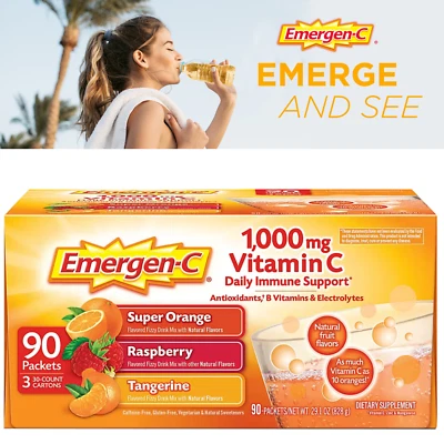 Polvo de apoyo inmunológico antioxidante Emergen-C 1000 mg vitamina C y B 90 paquetes Foto 1 de 4