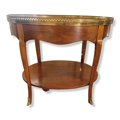 Vtg Baker Furniture Oval 2 Tiered Brass Trimmed Walnut Side Table Night Stand Cover