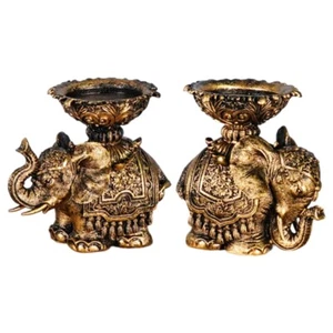2Pcs Wealth Elephant Holder Animal Resins Statue Tealights Candlesticks - Picture 1 of 8