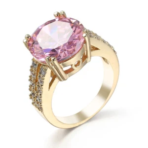 Huge Round Natural Sweet Pink white Fire Topaz Gold Plated Silver Ring Size 6-10 - Picture 1 of 6