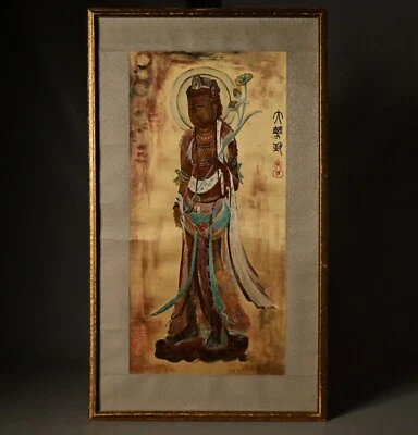 Chinese Antique Original Vintage Signed Asian Buddha Silk Scroll Brush Painting - Image 1 of 4
