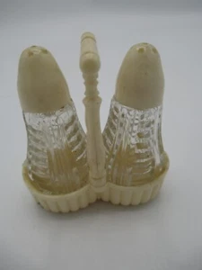 Vintage Salt and Pepper Shaker Mini Pressed Glass Mid Century Cream with Stand - Picture 1 of 5