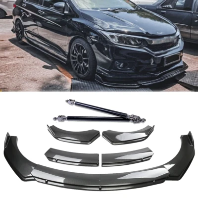 For Honda City 2010-22 Carbon Fiber Style Front Bumper Lip Spoiler Strut Rod Foto 1 de 4