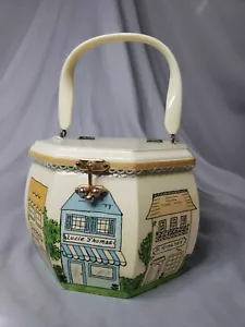 Vintage Decoupage Wood Octagon Box Purse Lucite Handle Village Market Town Scene - Picture 1 of 12