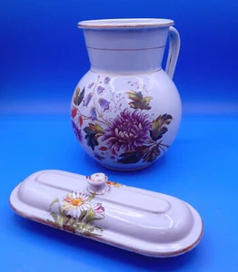 Sky blue floral graniteware body pitcher + comb toothbrush holder - Picture 1 of 10