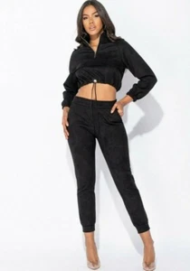 Womens Long Sleeve Suede Solid Casual Party Sports Two Piece Pants Set Outfits - Picture 1 of 6