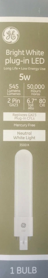 GE 5-Watt Bright White Bi-Pin LED Replacement for GX23 CFL - 545 Lumens / 3500K - Image 1 of 1