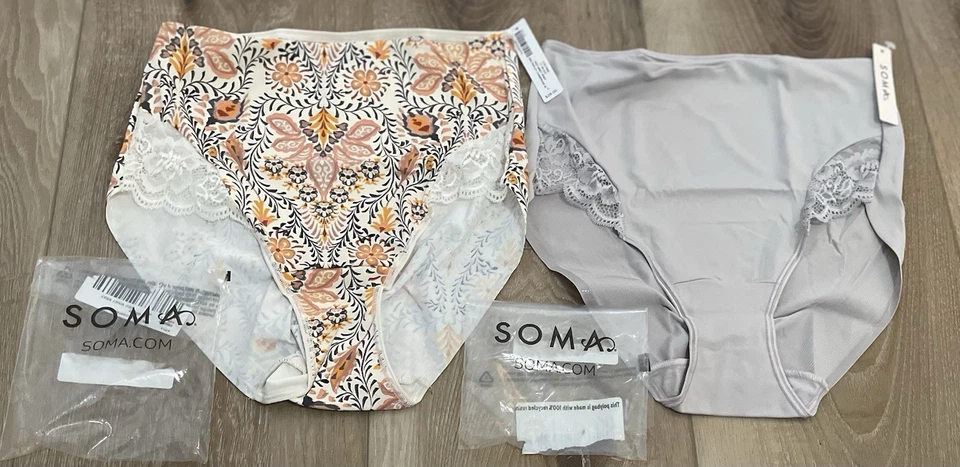 SOMA 大号 VANISHING TUMMY 带蕾丝高腰灰色和 PAISLEY BRIEF 批量 2 件全新全新带标签 — 第 1/3 张图片