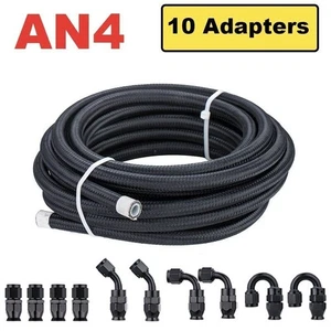 Black Fuel Hose Fitting Kit 3.5M AN4 Stainless Braided Hose w/ 10pcs Swivel Ends - Picture 1 of 15